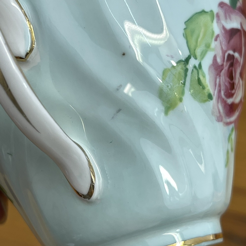 Vintage Queen Anne Tea Cup & Saucer Set Pastel Green w Pink Roses Numbered - Picture 12 of 12